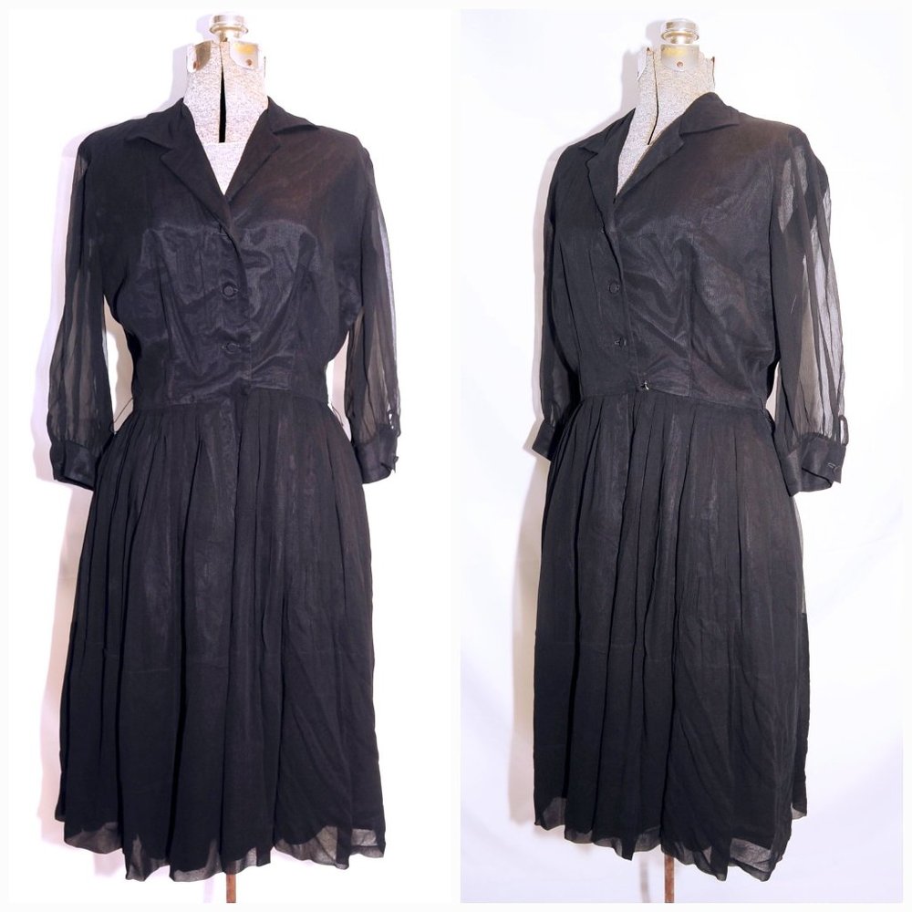 VTG Black Chiffon Pleated DayDress Illusion Sleeve